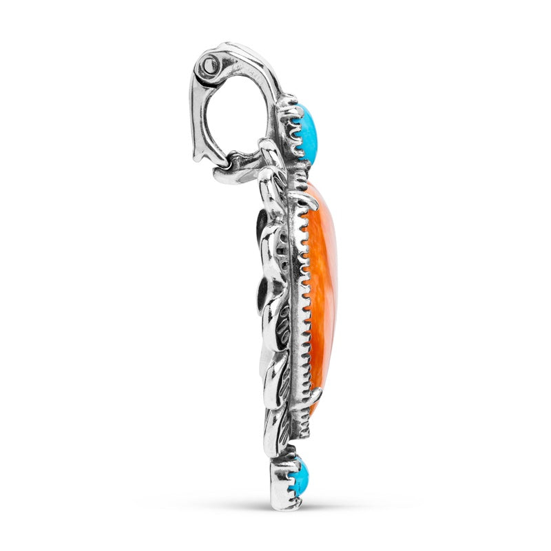 Sterling Silver Orange Spiny Oyster and Sleeping Beauty Turquoise Heart Pendant Enhancer