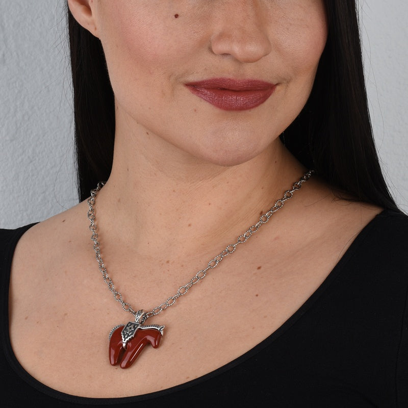 Sterling Silver Red Jasper Gemstone Spirit Horse Pendant Enhancer