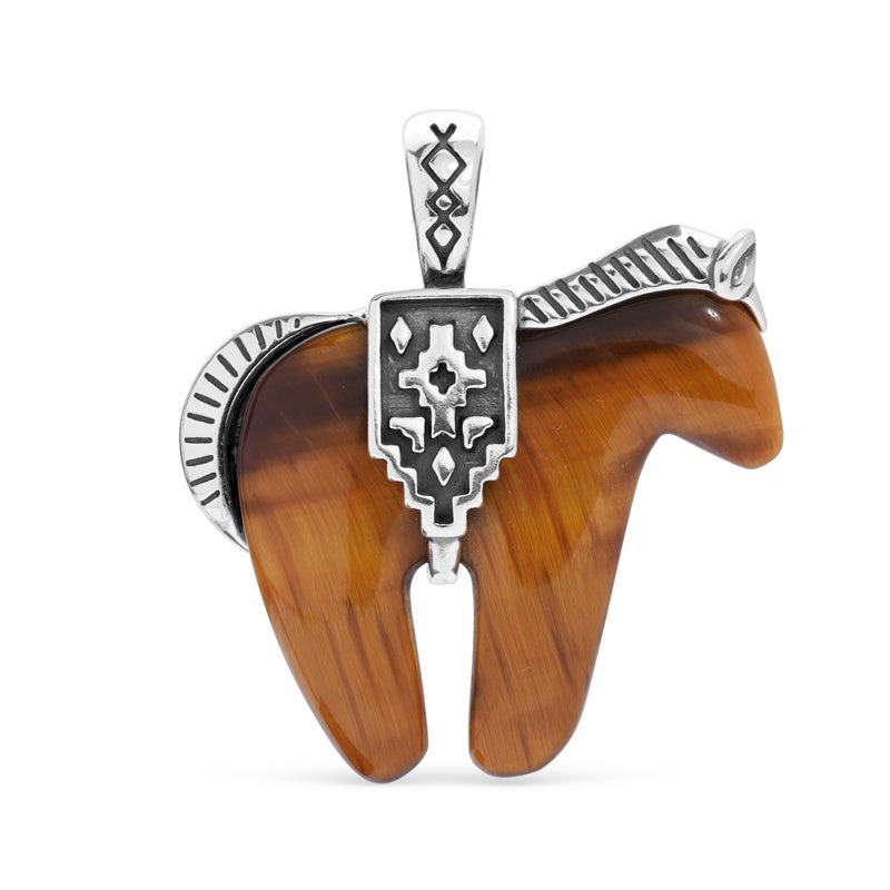 Sterling Silver Tiger's Eye Gemstone Large Spirit Horse Pendant Enhancer