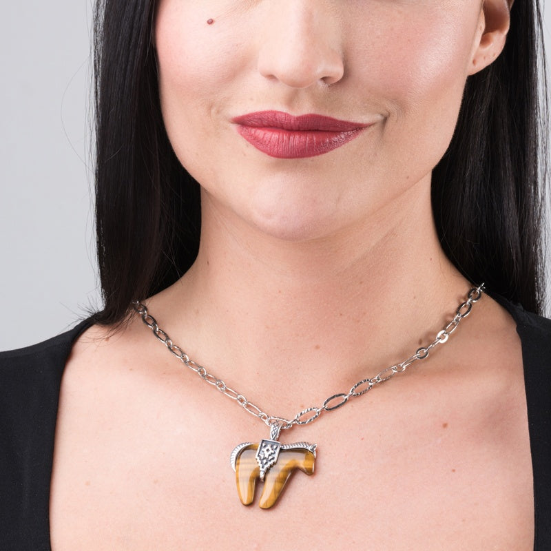 Sterling Silver Tiger's Eye Gemstone Large Spirit Horse Pendant Enhancer