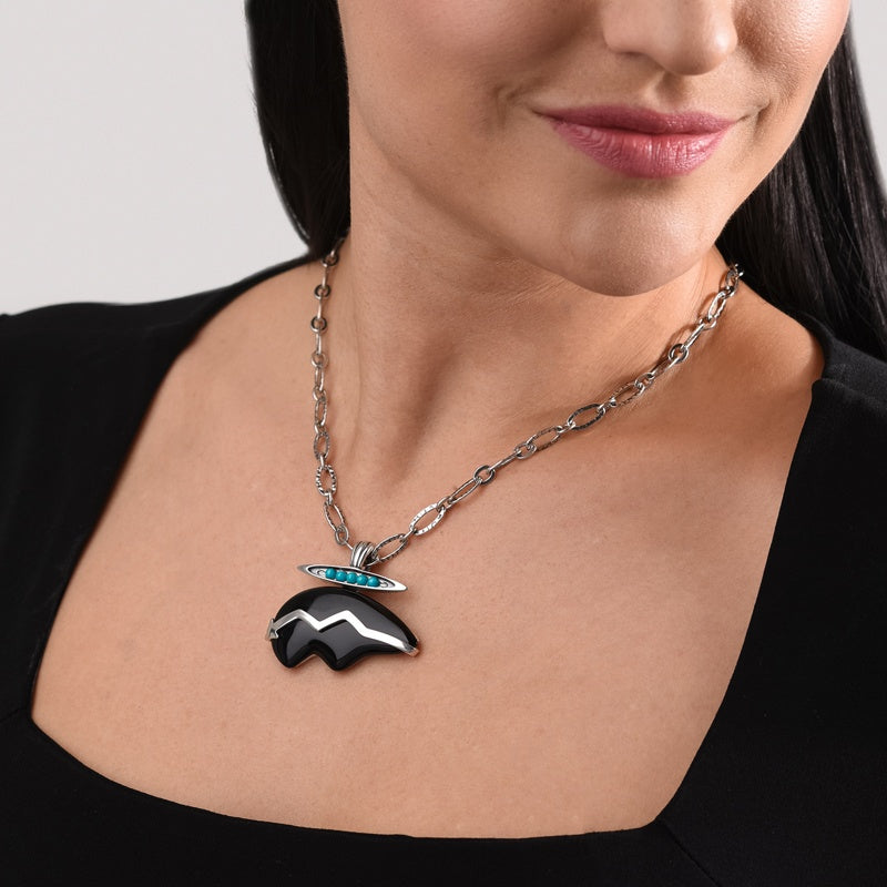 Sterling Silver Blue Turquoise, Black Agate Bear Shaped Pendant Enhancer