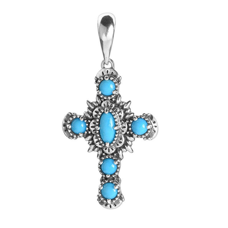 Sterling Silver Sleeping Beauty Blue Turquoise Gemstone Cross Pendant Enhancer