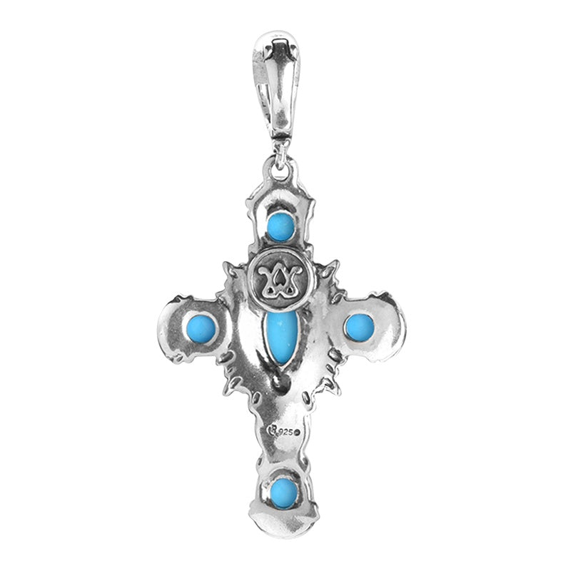 Sterling Silver Sleeping Beauty Blue Turquoise Gemstone Cross Pendant Enhancer