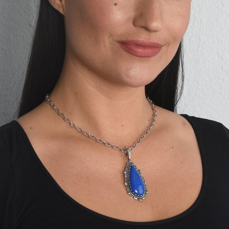 Sterling Silver Lapis Gemstone Teardrop Bordered Design Pendant Enhancer