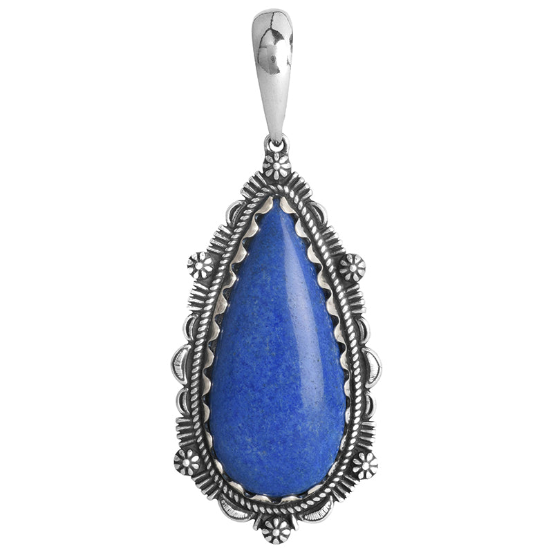 Sterling Silver Lapis Gemstone Teardrop Bordered Design Pendant Enhancer