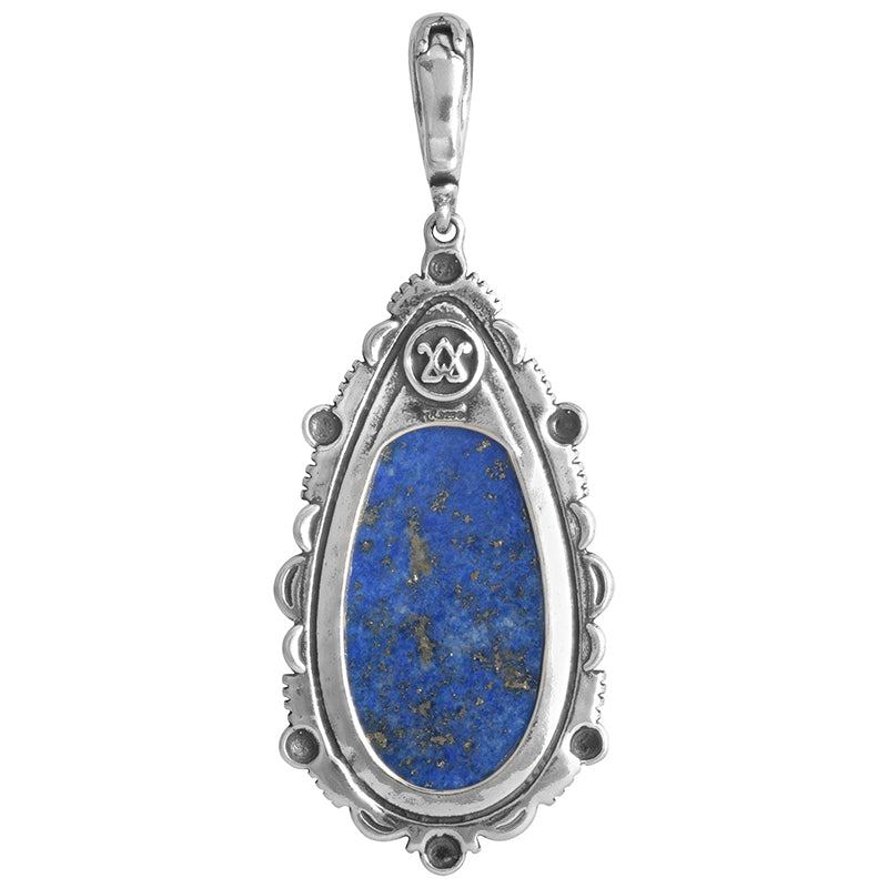 Sterling Silver Lapis Gemstone Teardrop Bordered Design Pendant Enhancer