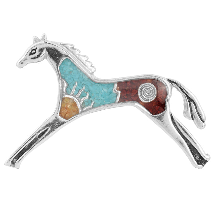 Sterling Silver Turquoise, Yellow and Red Jasper Gemstone Inlay Symbol Horse Pin