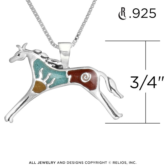 Sterling Silver Turquoise, Yellow & Red Jasper Gemstone Inlay Symbol Horse Pendant Necklace 18 Inch