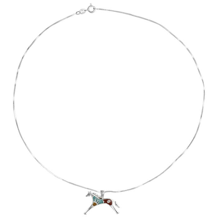 Sterling Silver Turquoise, Yellow and Red Jasper Inlay Horse Pendant Necklace, 18 Inches