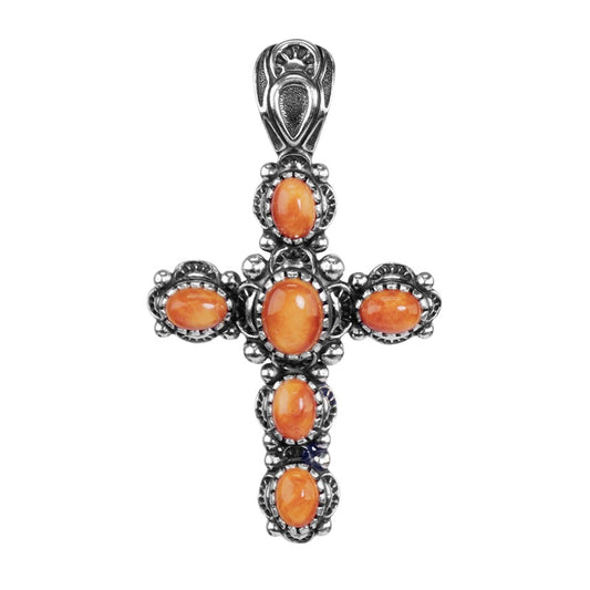 Sterling Silver Orange Spiny Gemstone Cross Pendant Enhancer