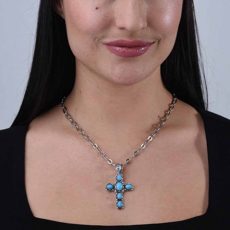 Sterling Silver Sleeping Beauty Turquoise Cross Pendant Enhancer
