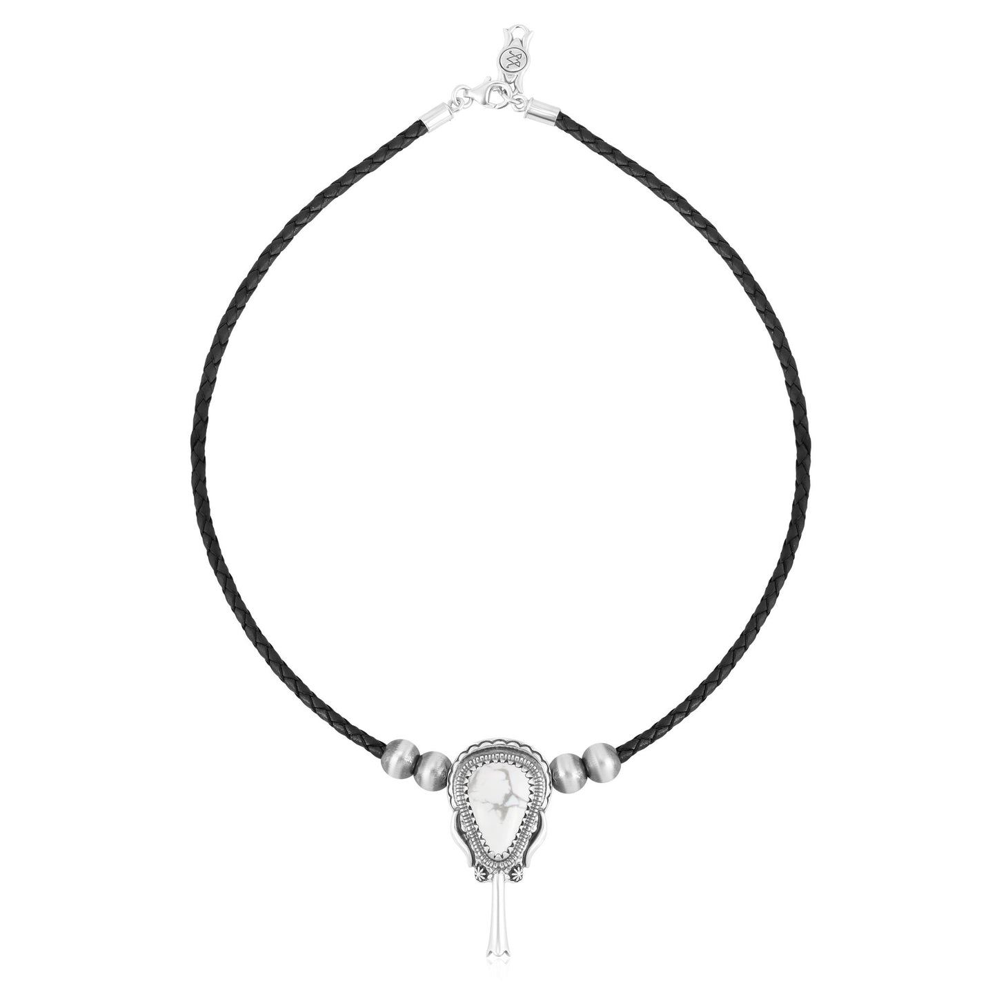 Sterling Silver White Howlite Black Leather Squash Blossom Necklace