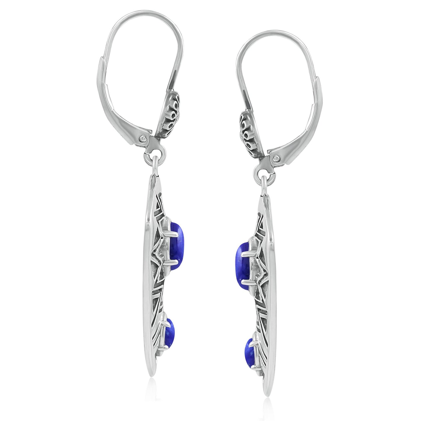 Sterling Silver Marquise Lapis Patterned Lever Back Earrings