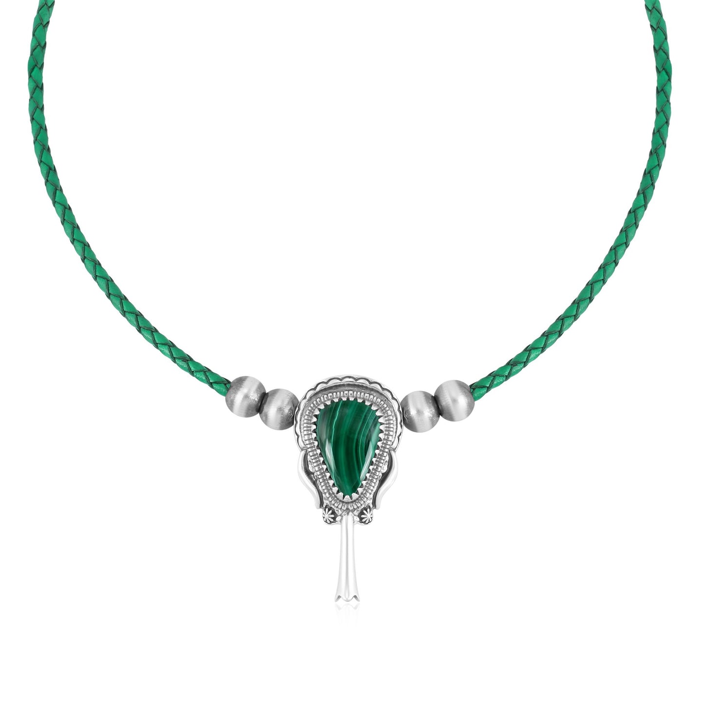 Sterling Silver Malachite Green Leather Squash Blossom Necklace