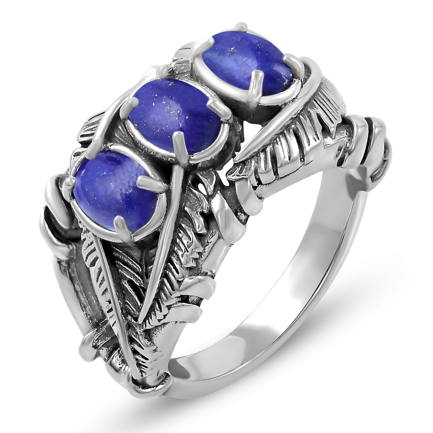 Sterling Silver Lapis Three Stone Feather Ring