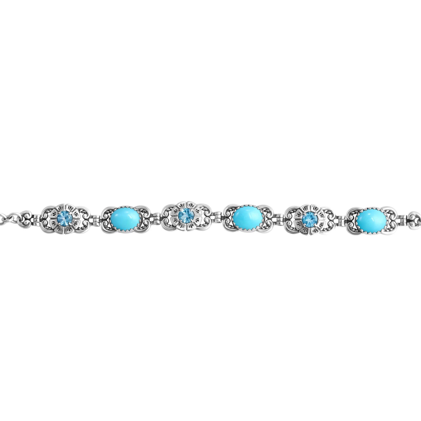 EXCLUSIVELY YOURS! Sterling Silver Sleeping Beauty Turquoise and Swiss Blue Topaz Desert Bloom Tennis Bracelet