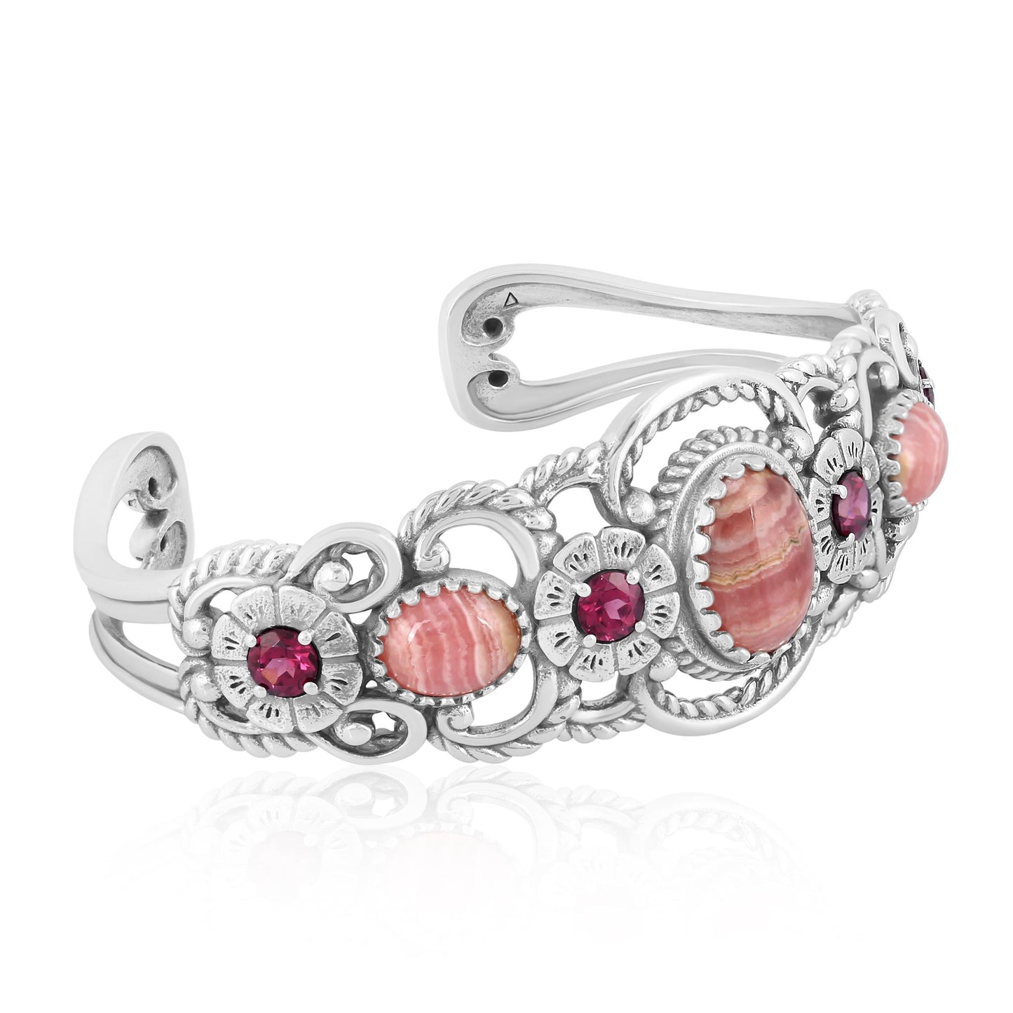 Sterling Silver Rhodochrosite and Rhodolite Garnet Desert Bloom Cuff Bracelet