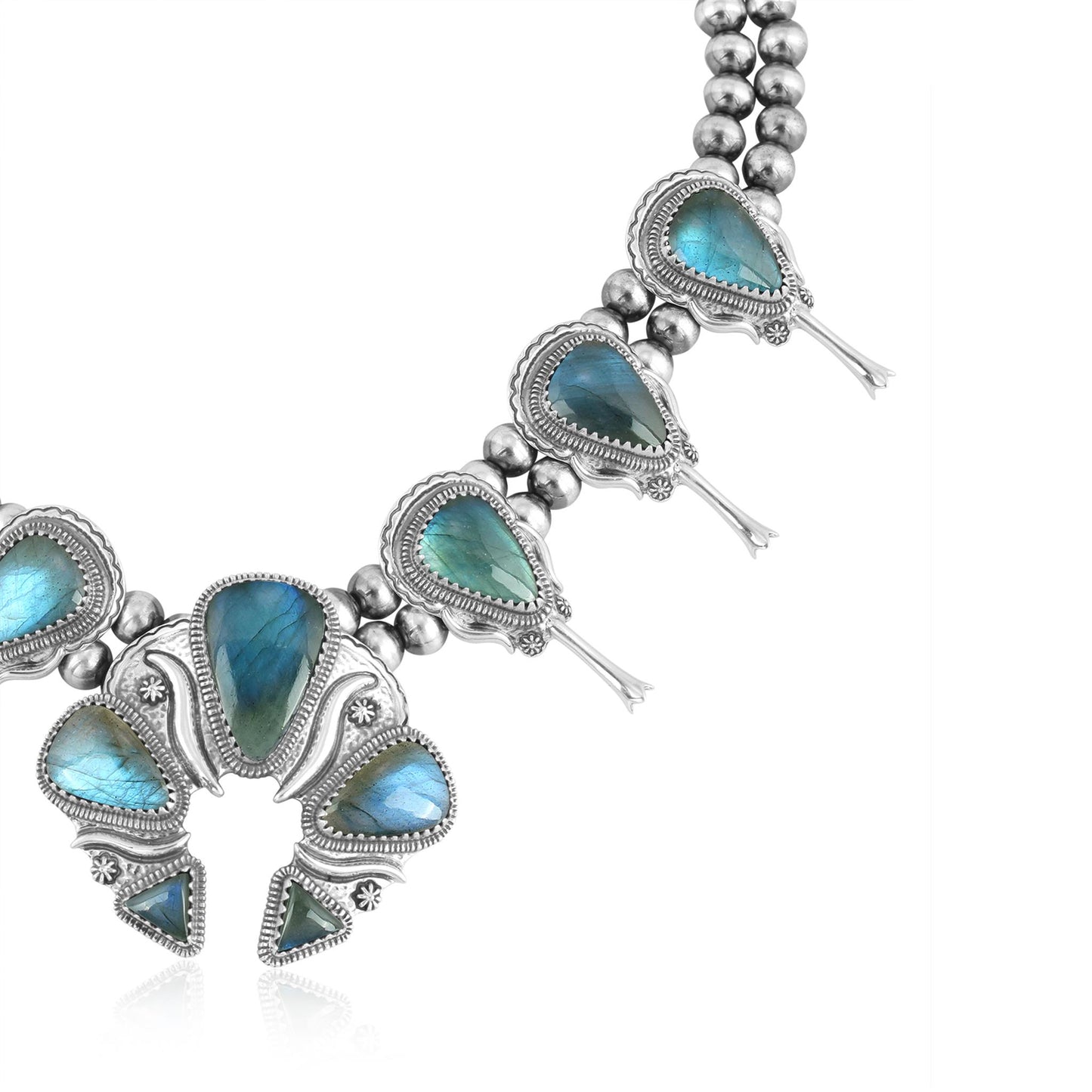 Sterling Silver Labradorite Large Naja Squash Blossom Necklace