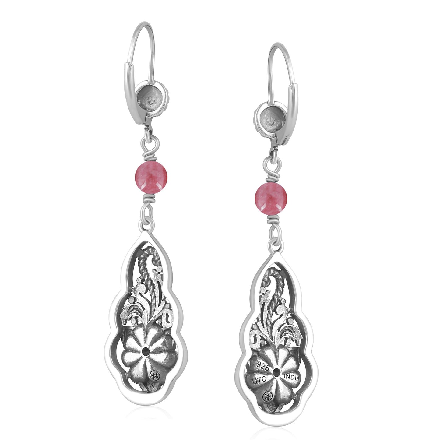 Sterling Silver Rhodonite Flower Gemstone Bead Lever Back Earrings
