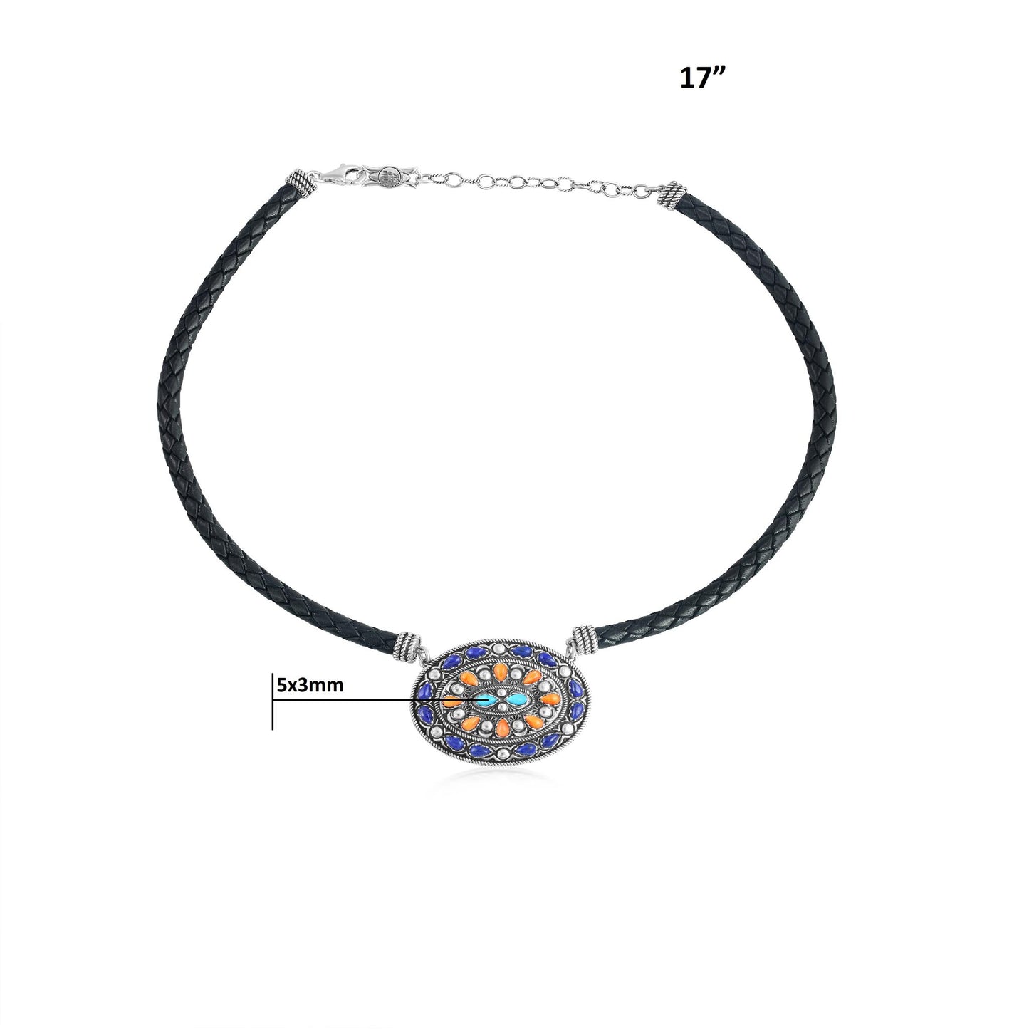 Sterling Silver Multi-Gemstone Oval Pendant Black Leather Necklace