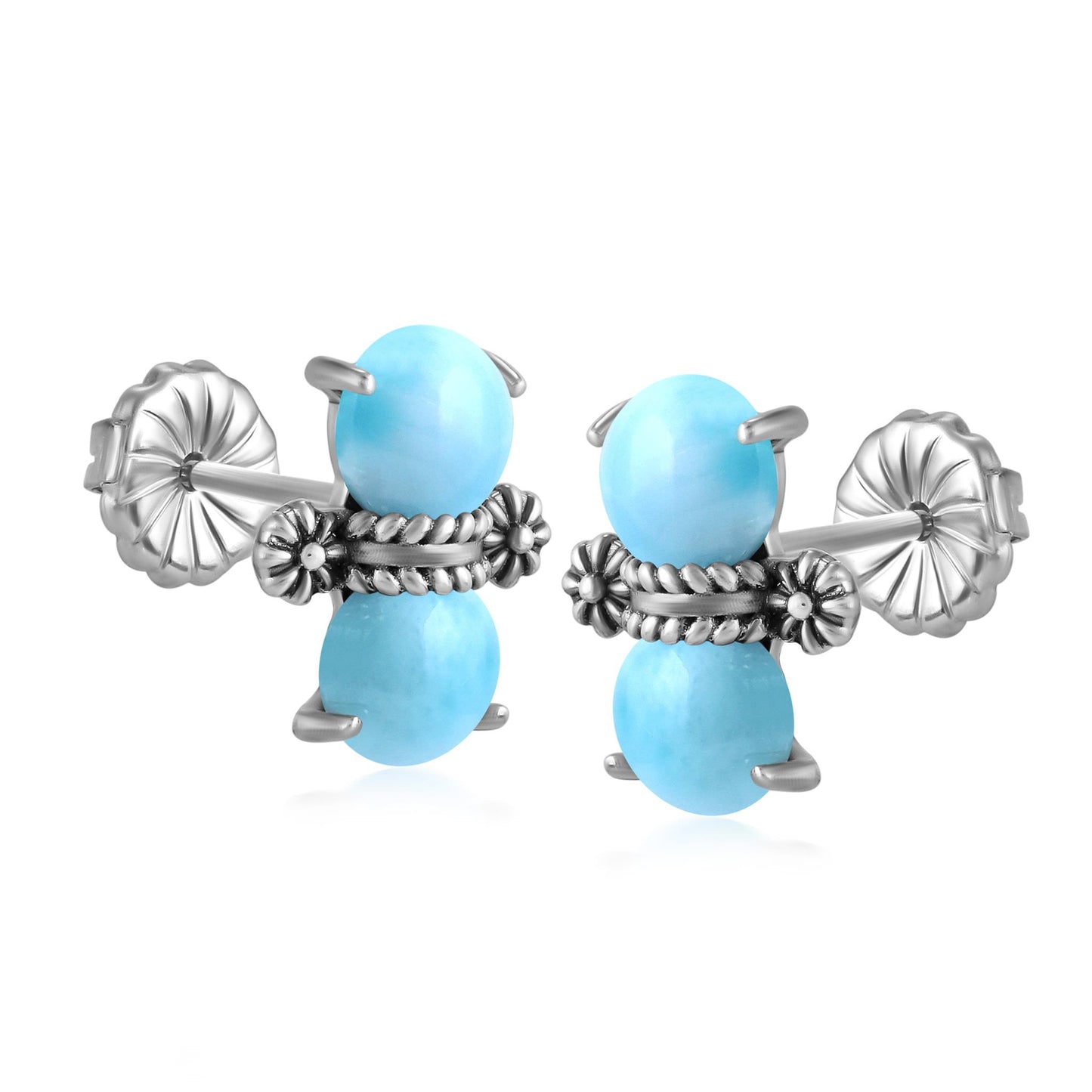 Sterling Silver Round Larimar Concha Stud Earrings