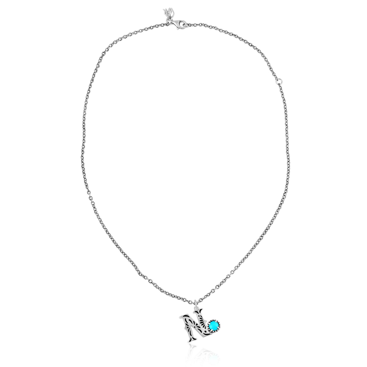 Sterling Silver Sleeping Beauty Turquoise Initial "N" Pendant and Chain Necklace, 17 to 20 Inches