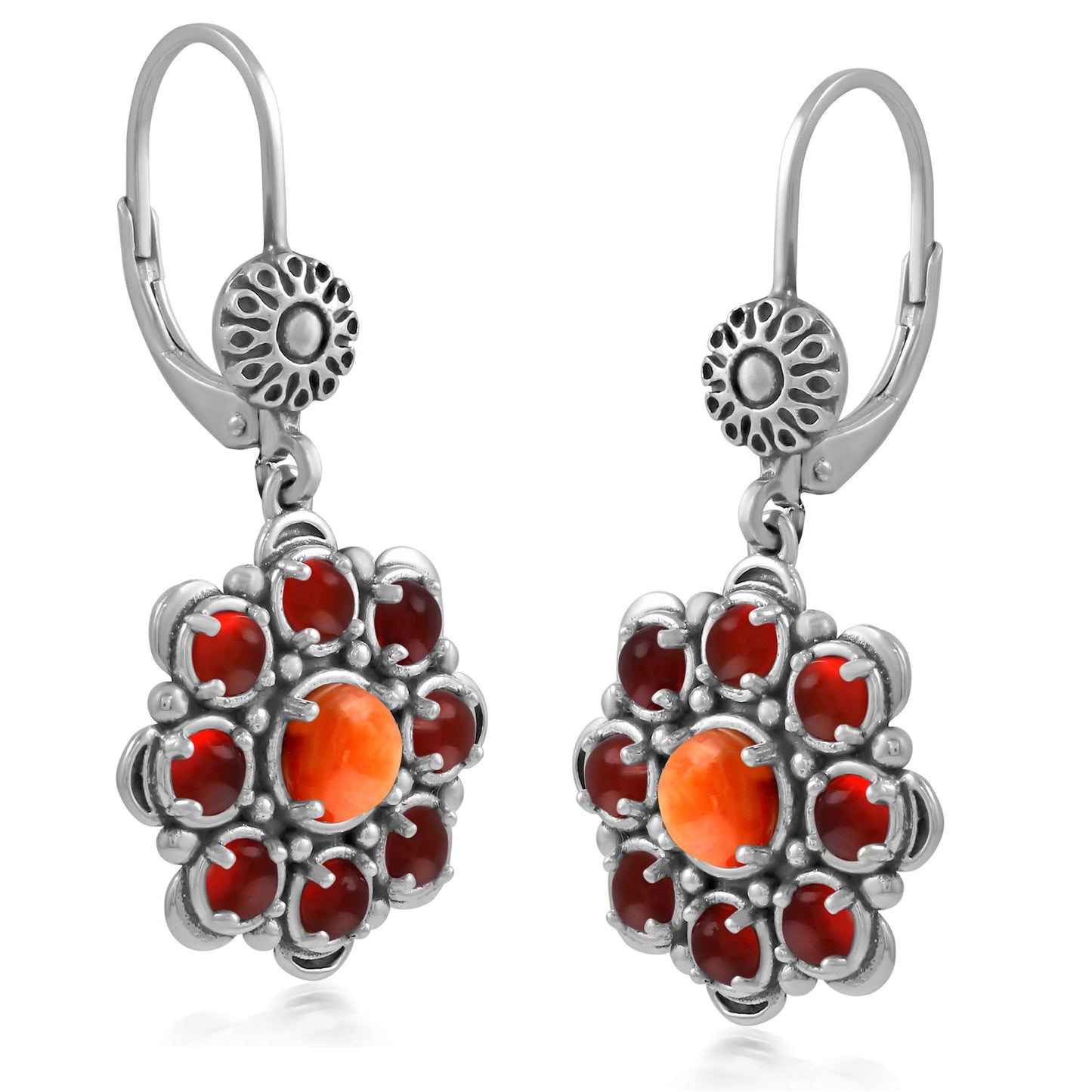 Sterling Silver Orange Spiny Oyster and Red Onyx Flower Cluster Earrings