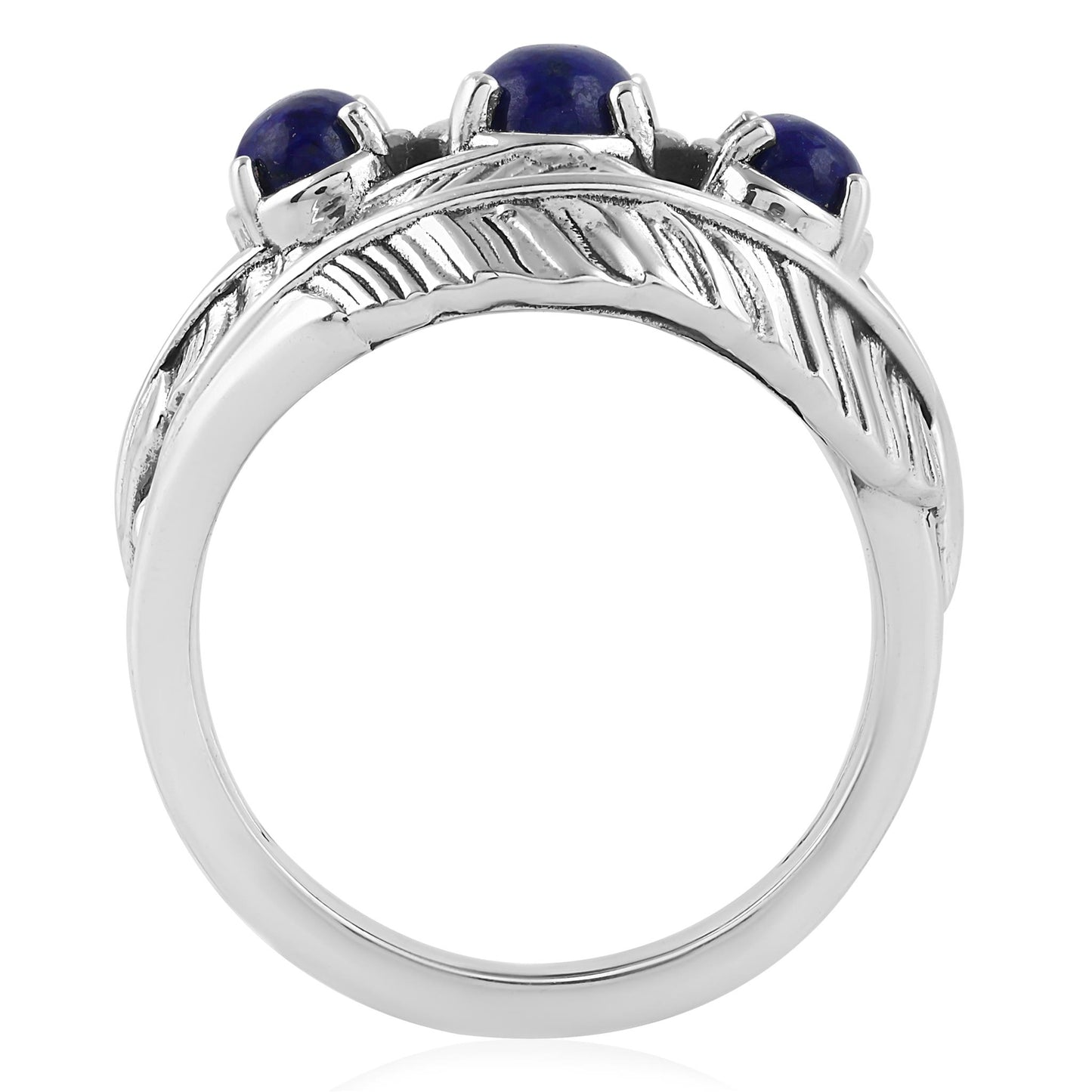 Sterling Silver Lapis Three-Stone Oval Cut Feather Ring