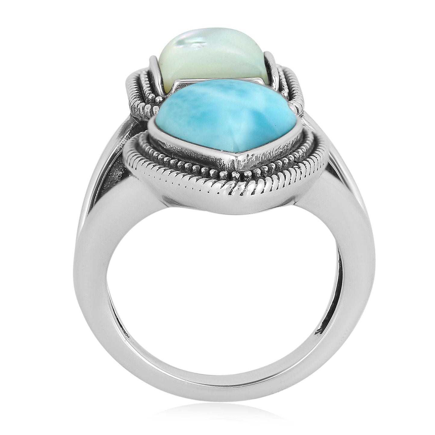 Sterling Silver Larimar and White Mother of Pearl Pear and Square Gemstone Rope Ring