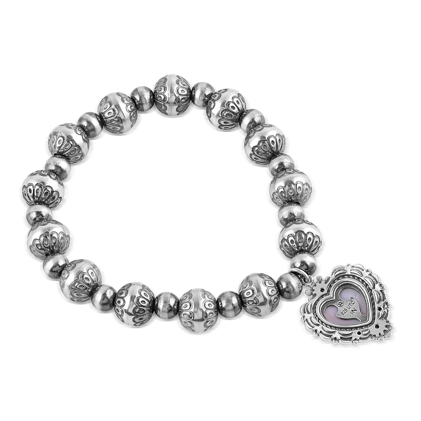 Sterling Silver Pink Concha Shell Heart Charm Bead Bracelet