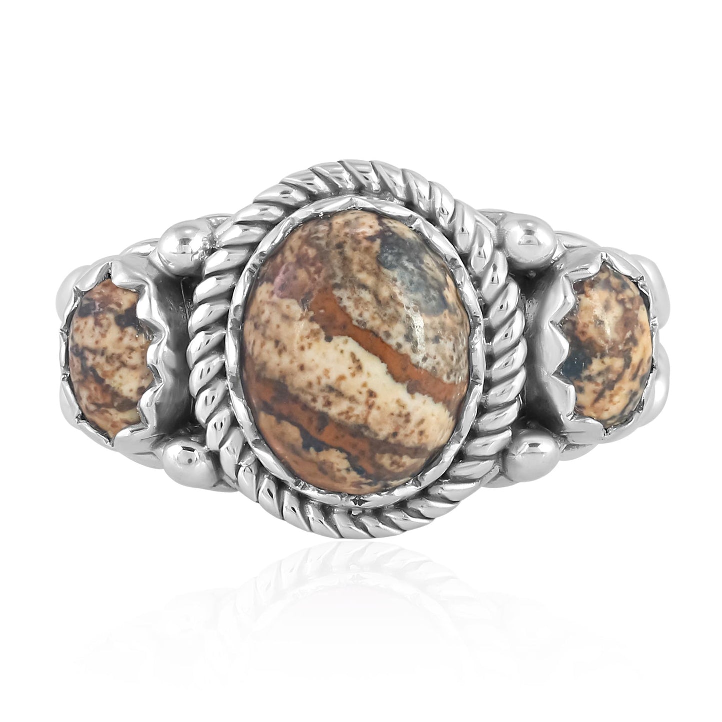 Sterling Silver Picture Jasper 3-Stone Ring, Sizes 5 to 11