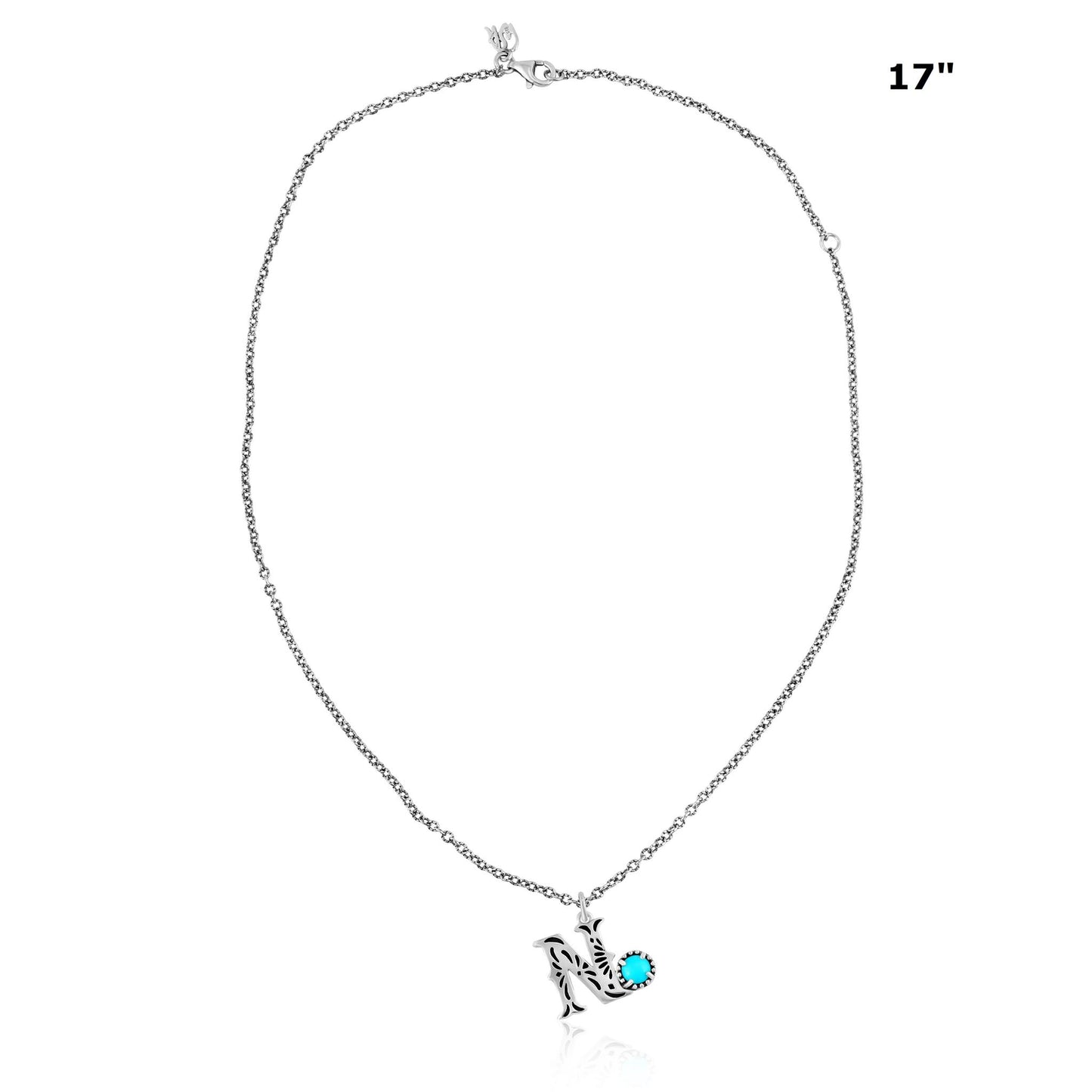 Sterling Silver Sleeping Beauty Turquoise Initial "N" Pendant and Chain Necklace, 17 to 20 Inches