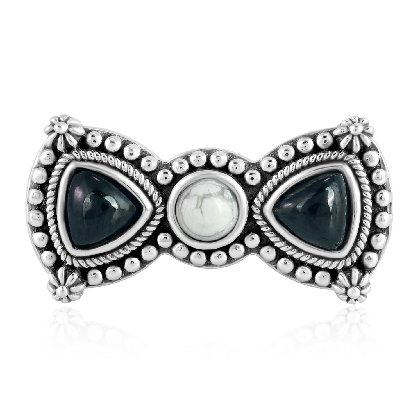 Sterling Silver Black Spinel and White Howlite Bow Tie Ring
