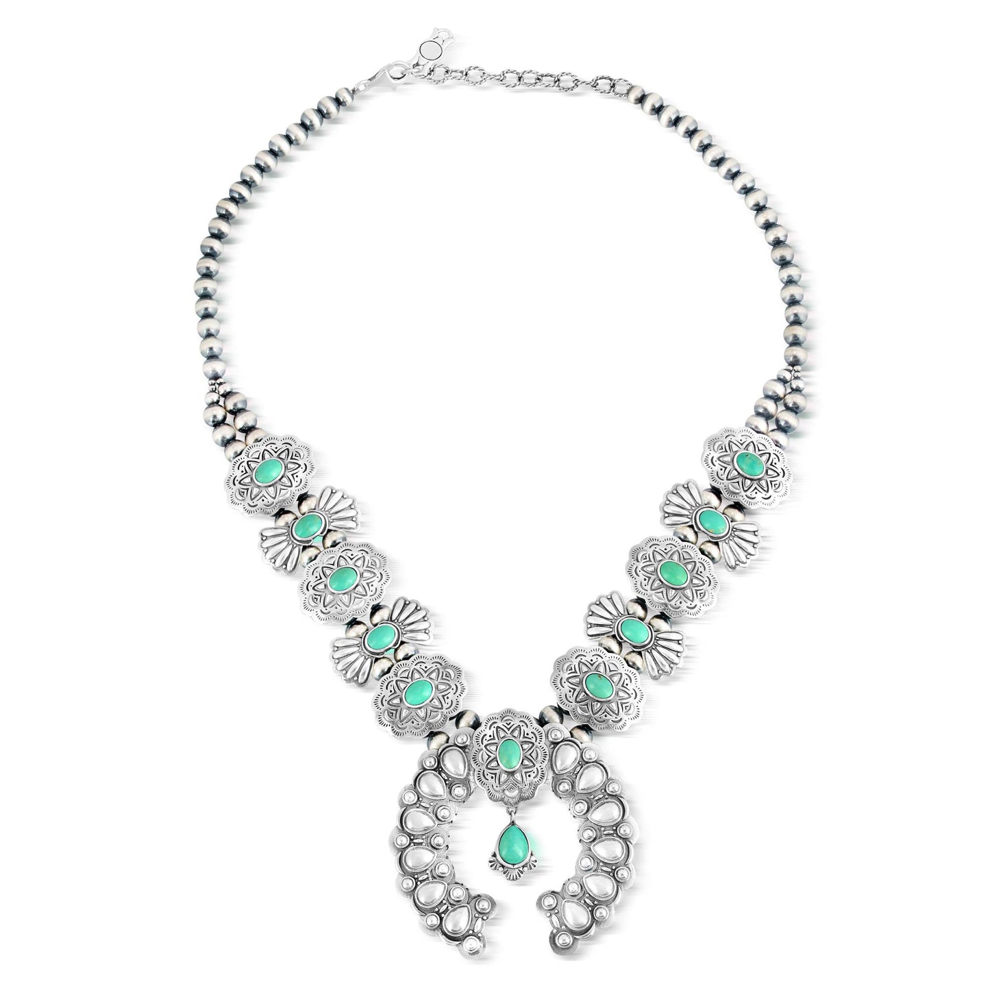Sterling Silver Green Turquoise Concha Butterfly Squash Blossom Necklace