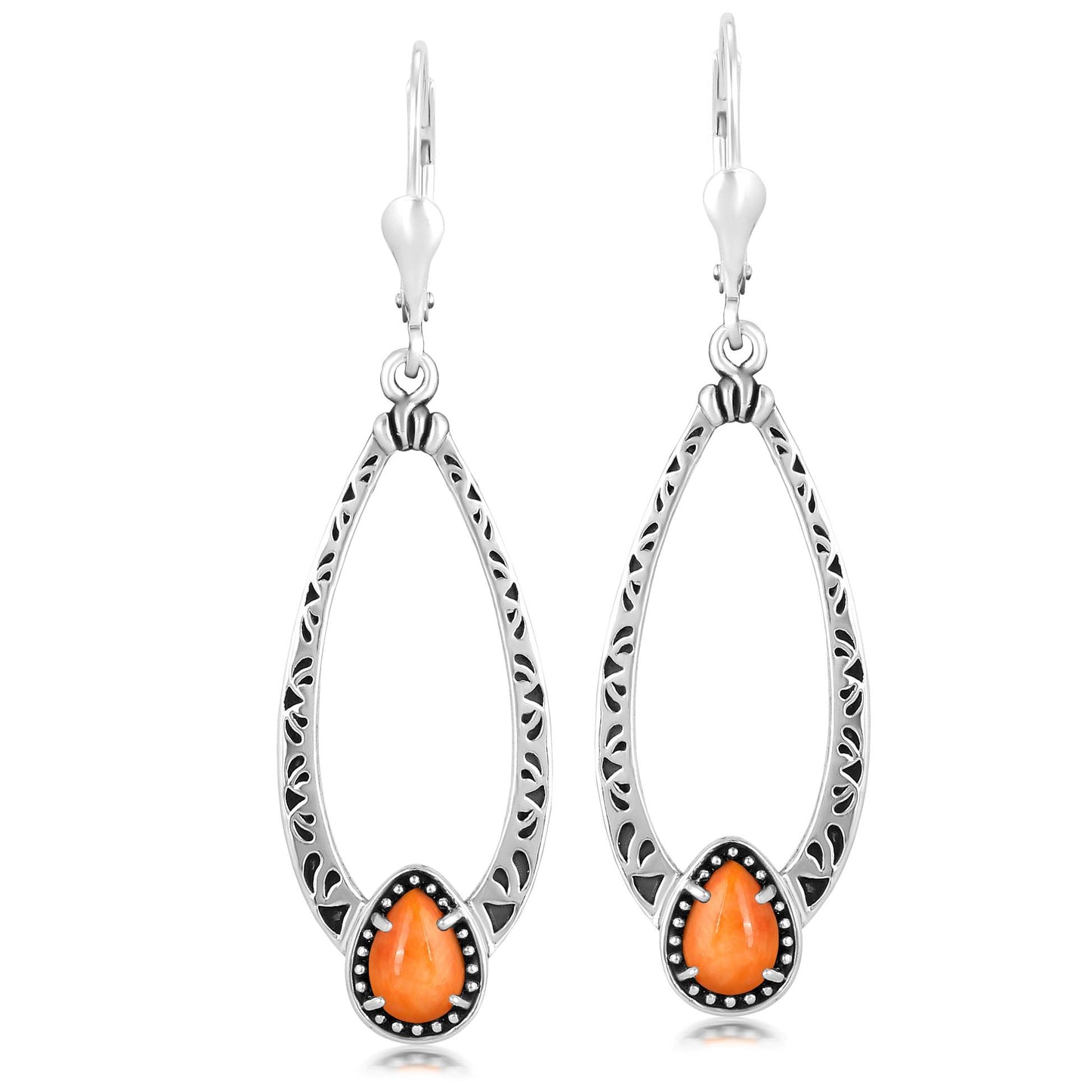 Sterling Silver Orange Spiny Oyster Pear-Cut Long Oval Lever Back Dangle Earrings