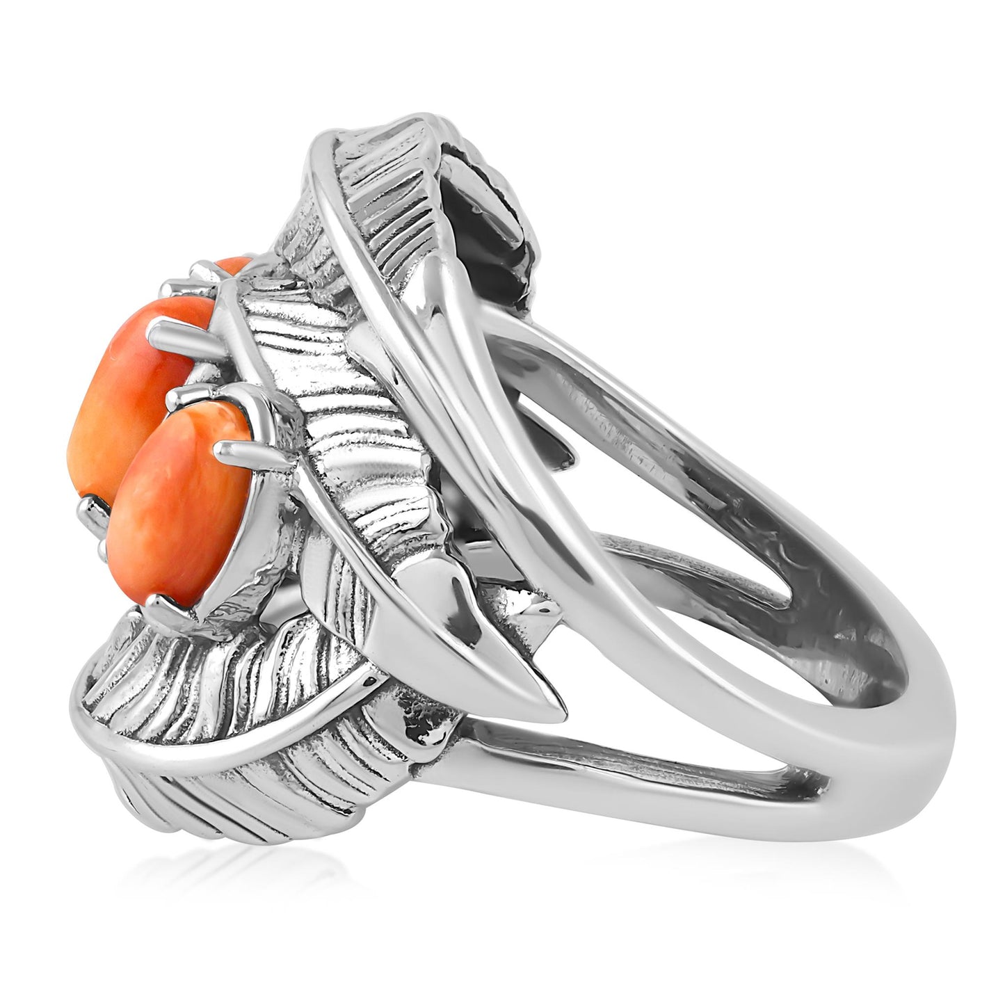 Sterling Silver Orange Spiny Oyster Three-Stone Oval Cut Feather Ring
