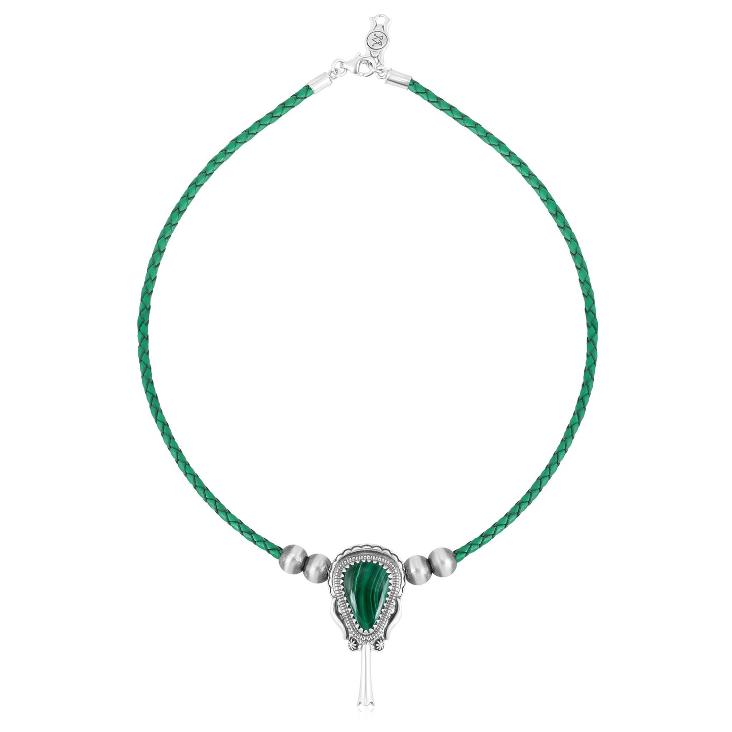 Sterling Silver Malachite Green Leather Squash Blossom Necklace