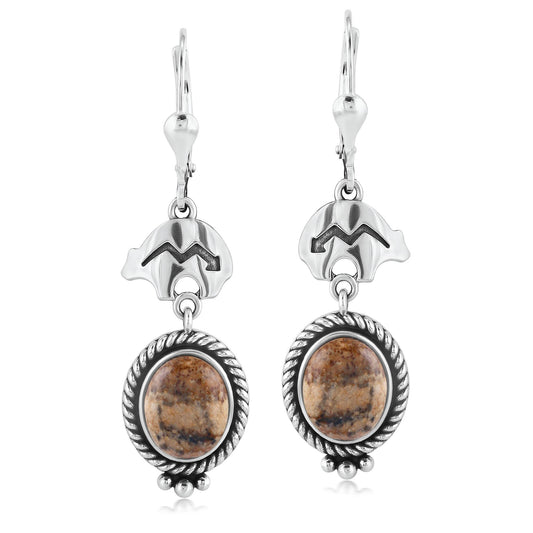 Sterling Silver Picture Jasper Bear Design Drop and Dangle Earrings