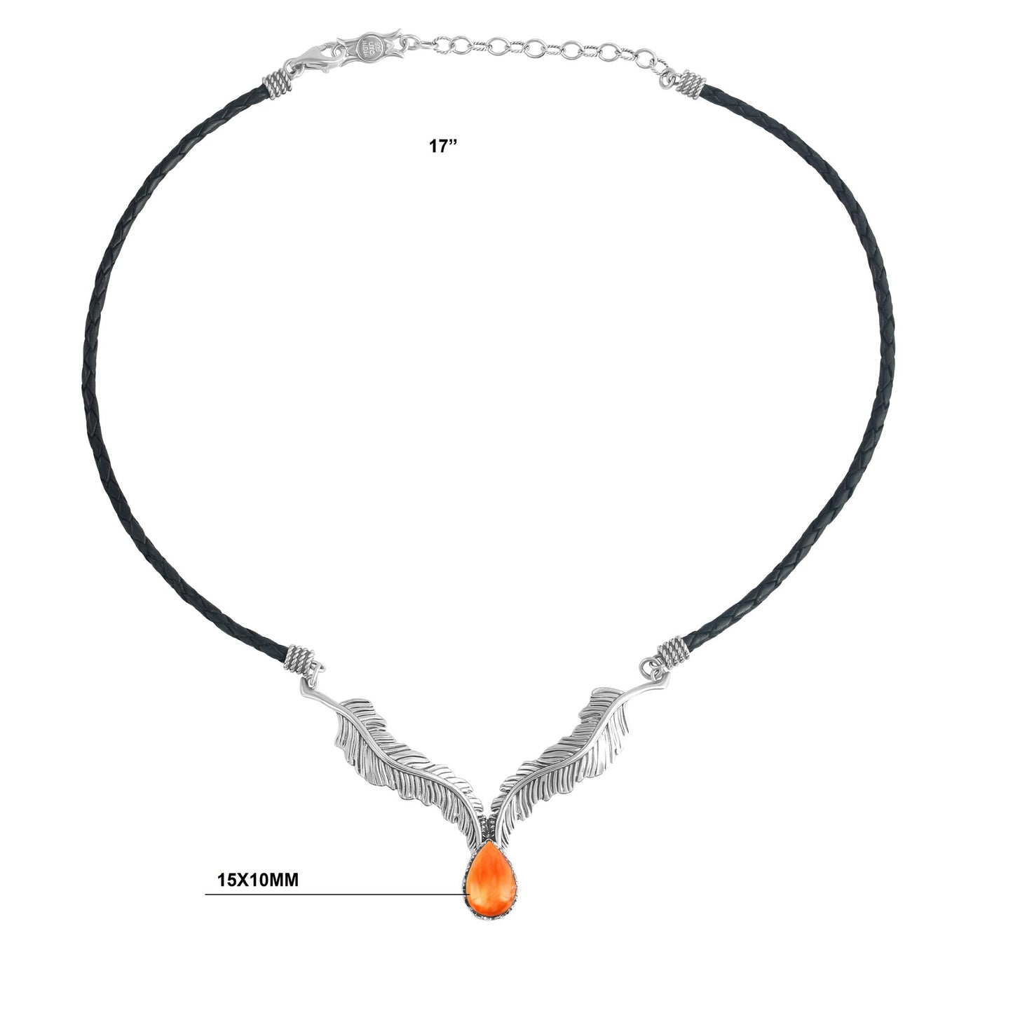 Sterling Silver Orange Spiny Oyster Black Leather Feather Design Necklace