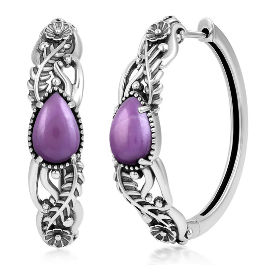 Sterling Silver Phosphosiderite Vine and Leaf Hoop Earrings