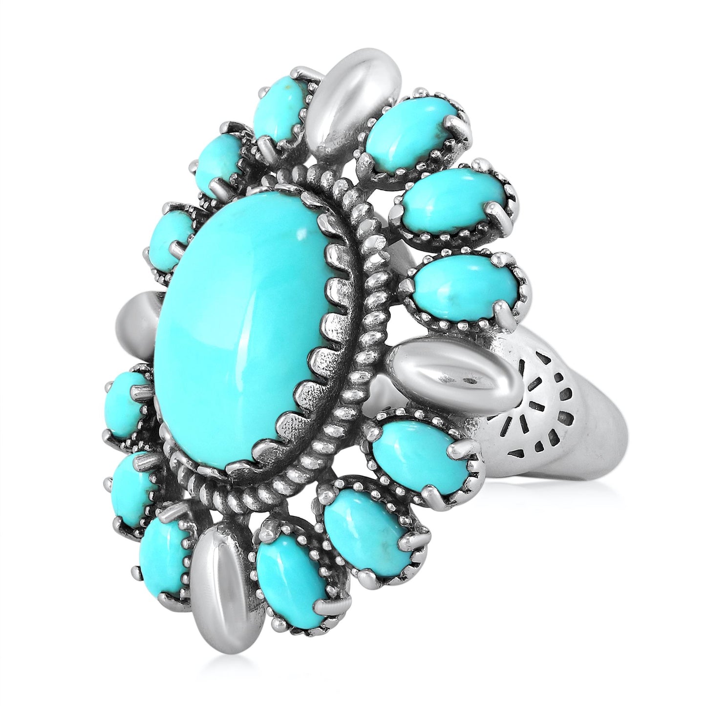 EXCLUSIVELY YOURS! Sterling Silver Kingman Turquoise Oval Floral Cluster Ring