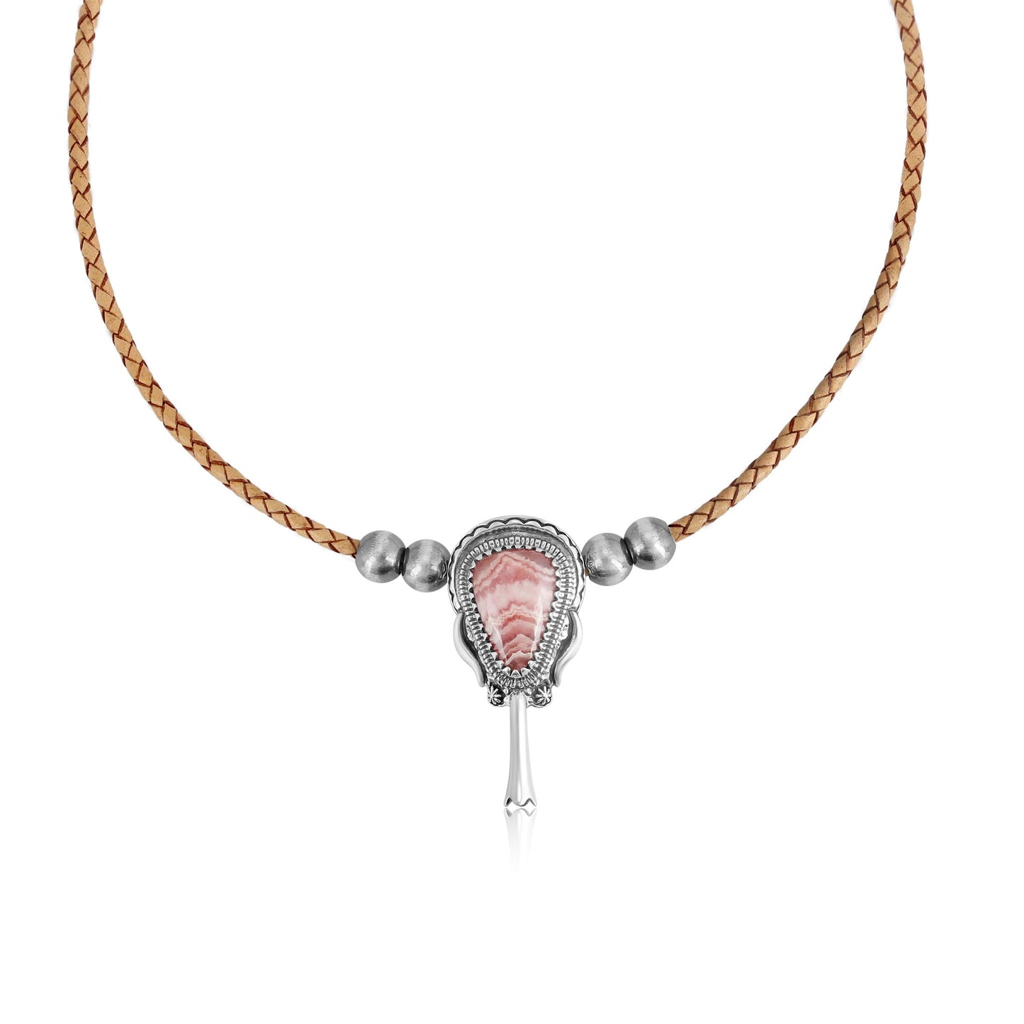 Sterling Silver Rhodochrosite Natural Leather Squash Blossom Necklace