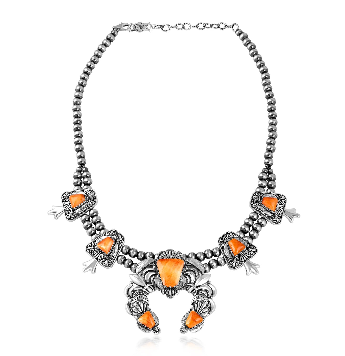LIMITED EDITION! Sterling Silver Orange Spiny Oyster Trapezoid Squash Blossom Necklace