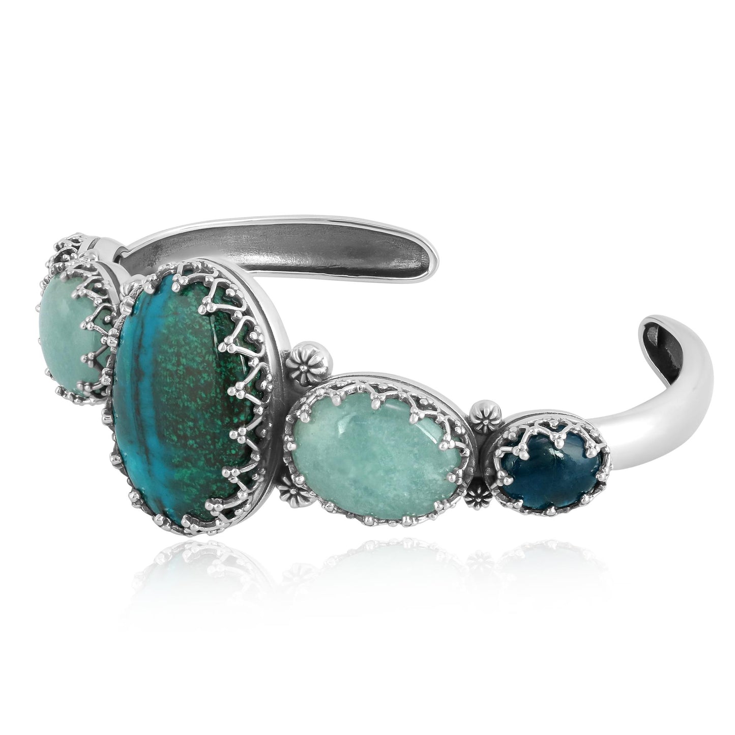 Sterling Silver Chrysocolla, Milky Aquamarine and Apatite Crown Detail Cuff Bracelet