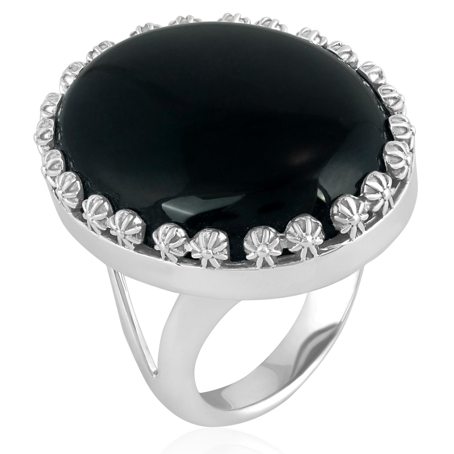 Sterling Silver Black Onyx Concha Flower Border Oval Cut Ring