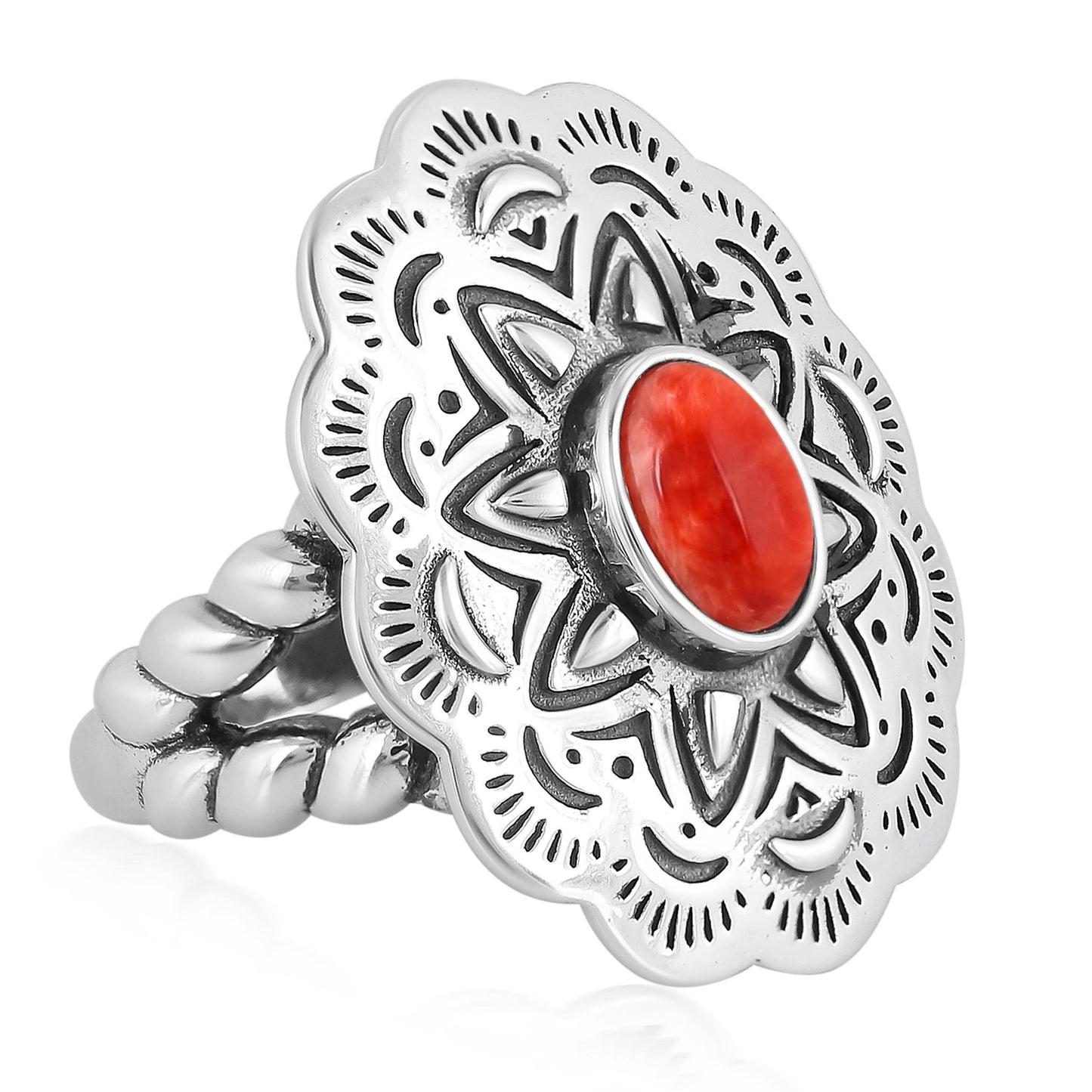 Sterling Silver Red Spiny Oyster Oval Gemstone Concha Ring