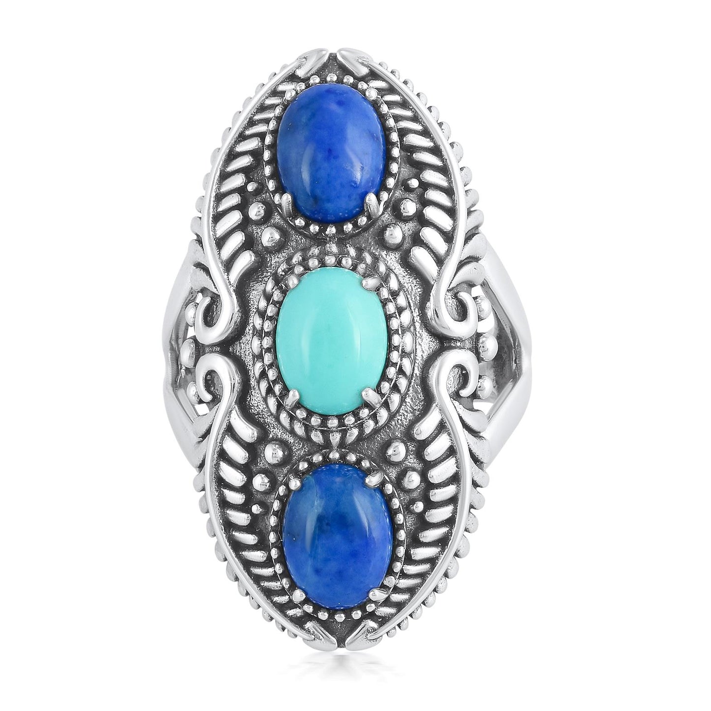 Sterling Silver Denim Lapis and Green Blue Turquoise Feather Ring