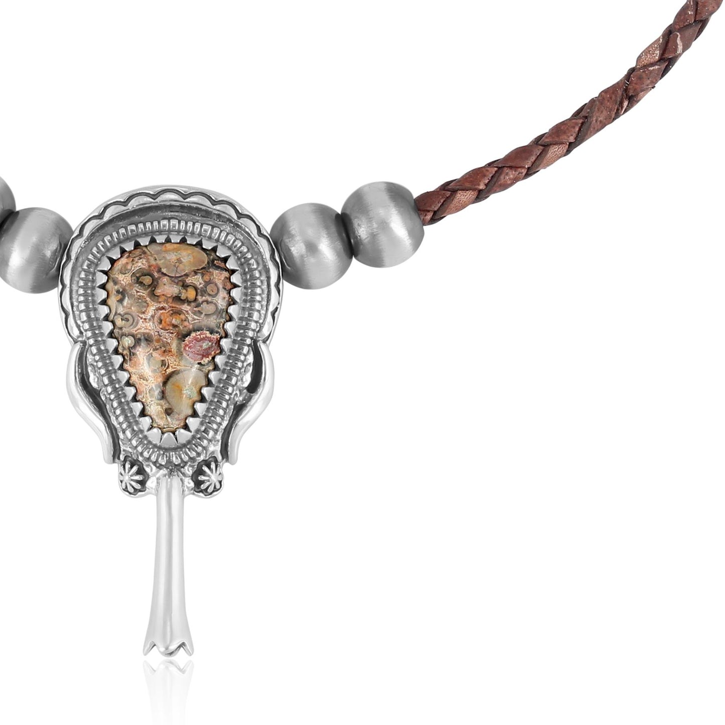 Sterling Silver Leopard Jasper Brown Leather Squash Blossom Necklace