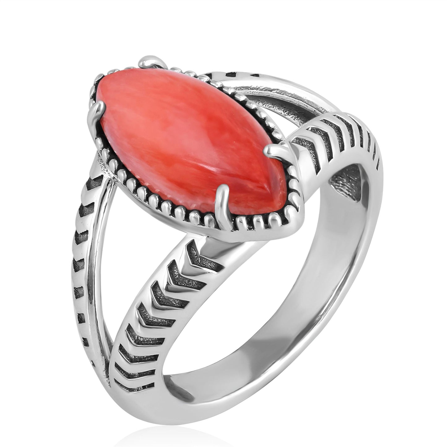 Sterling Silver Red Spiny Oyster Marquise Split Shank Ring