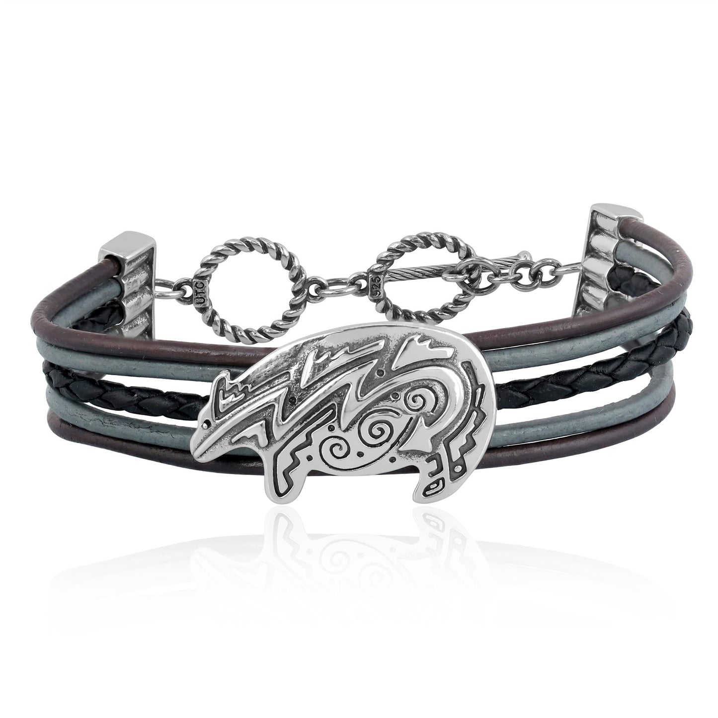 Sterling Silver Bear Design Multicolored Black Leather Toggle Bracelet